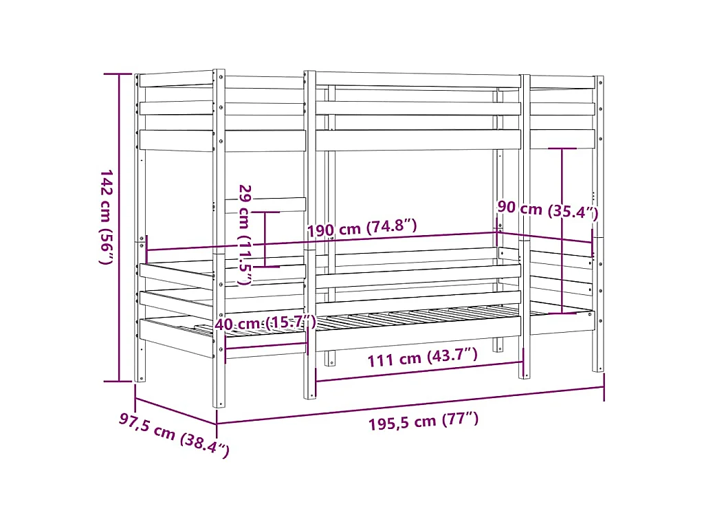 Lit superposé sans matelas cire marron 90x190 cm pin massif