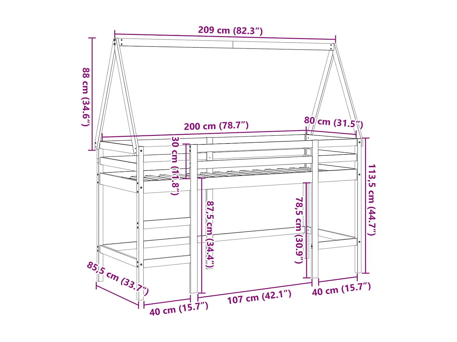 Halfhoogslaper met ladder en bedhuis grenenhout 80x200 cm