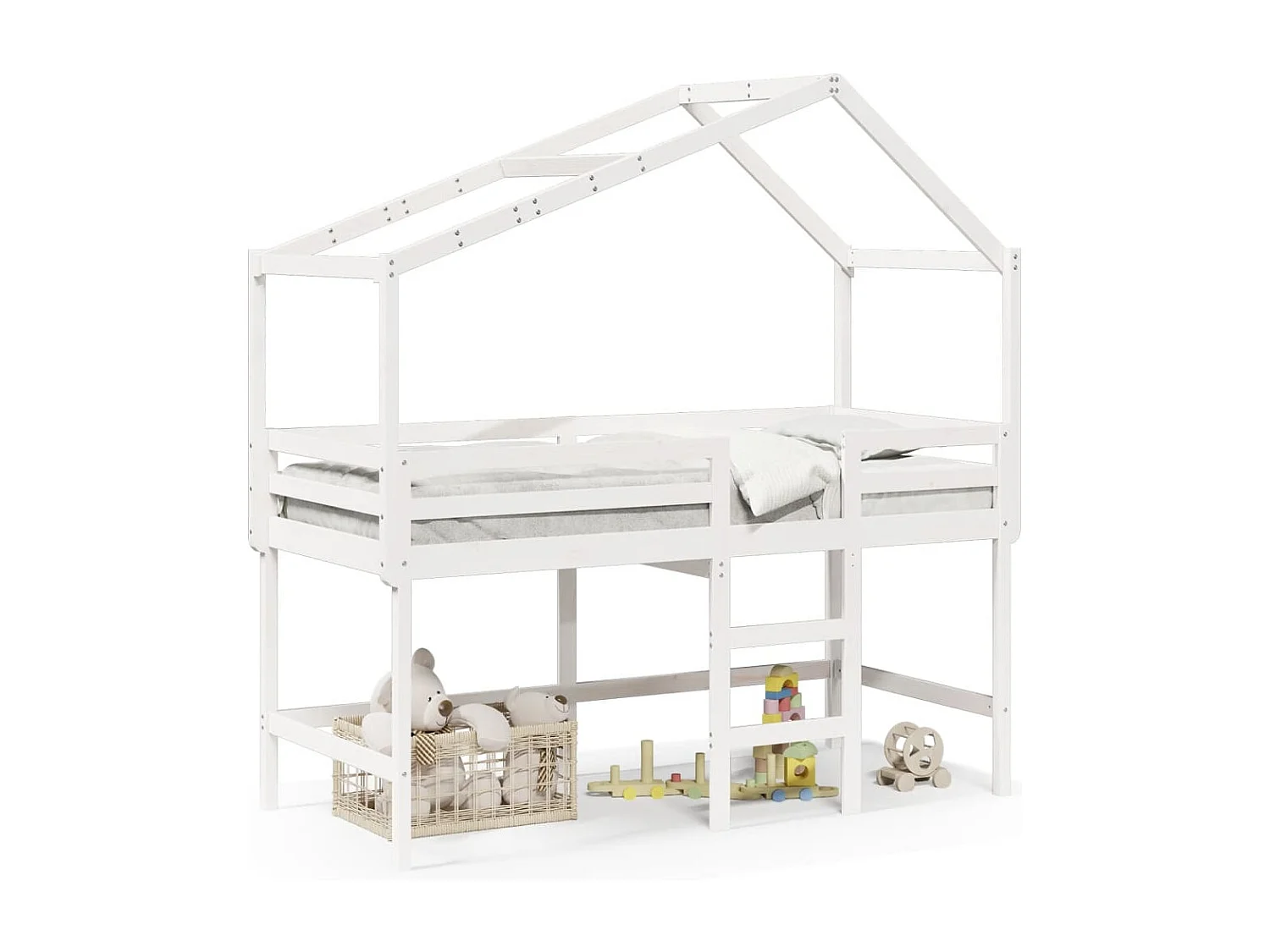 Cama alta c/ escada e telhado 90x190 cm pinho maciço branco