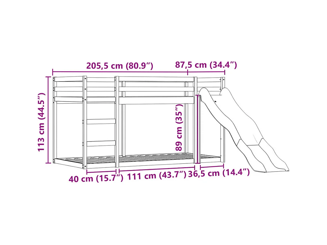 Lit superposé sans matelas avec toboggan blanc noir 80x200 cm