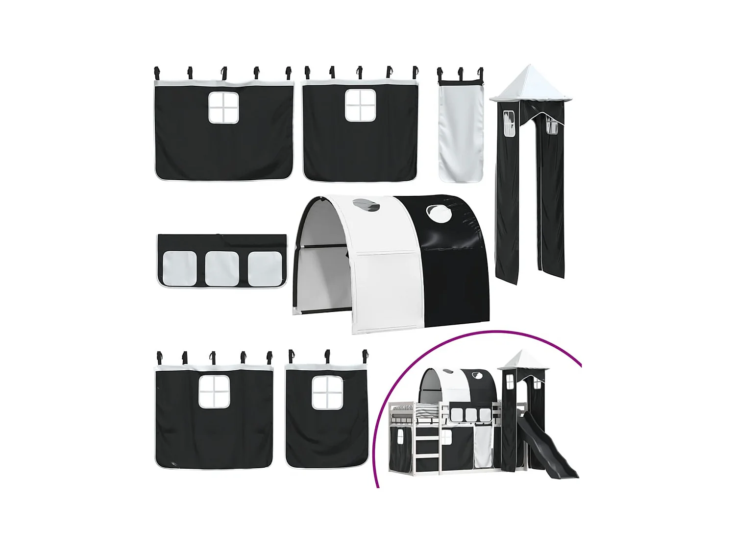 Lit superposé sans matelas avec toboggan blanc noir 80x200 cm