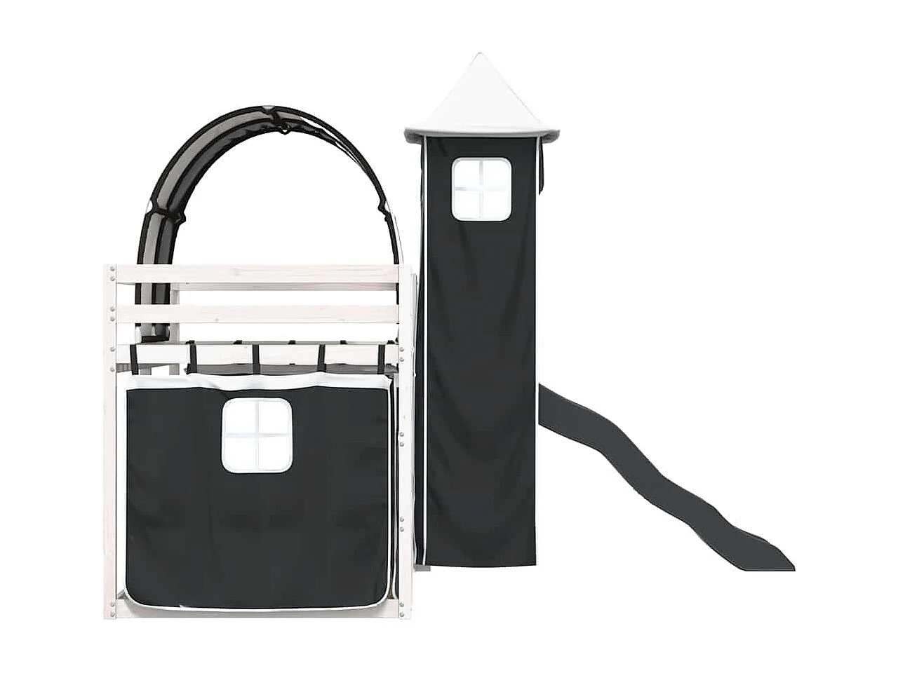 Etagenbett mit Rutsche und Gardinen Weiß und Schwarz 80x200 cm