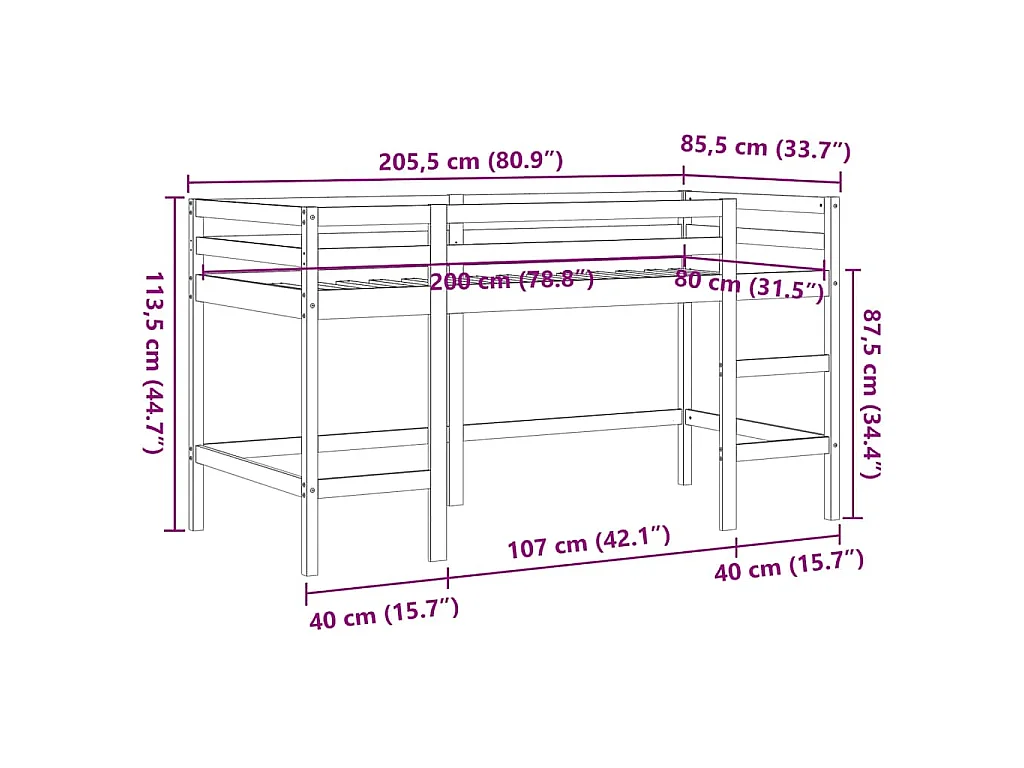 Lit mezzanine d'enfants sans matelas avec échelle 80x200 cm