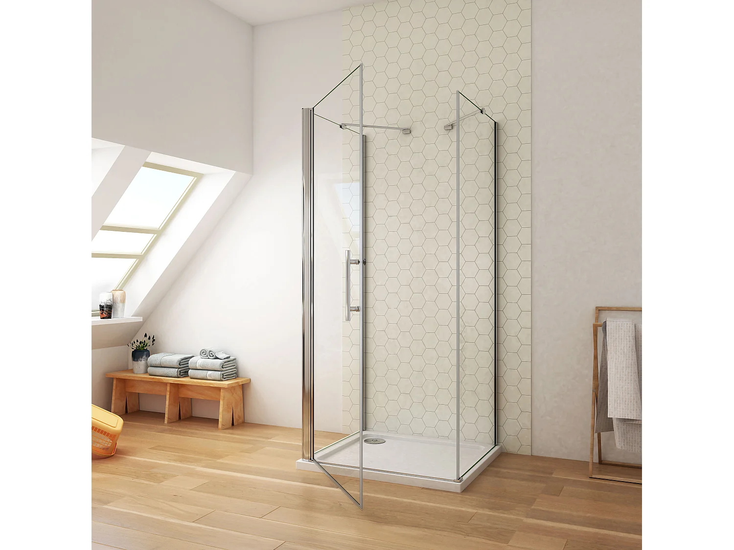 80x80x80x185cm 6mm  Duschwand mit Seitenwand Duschkabine Duschtür Eckdusche Drehtür  L=500 (Stützstange)