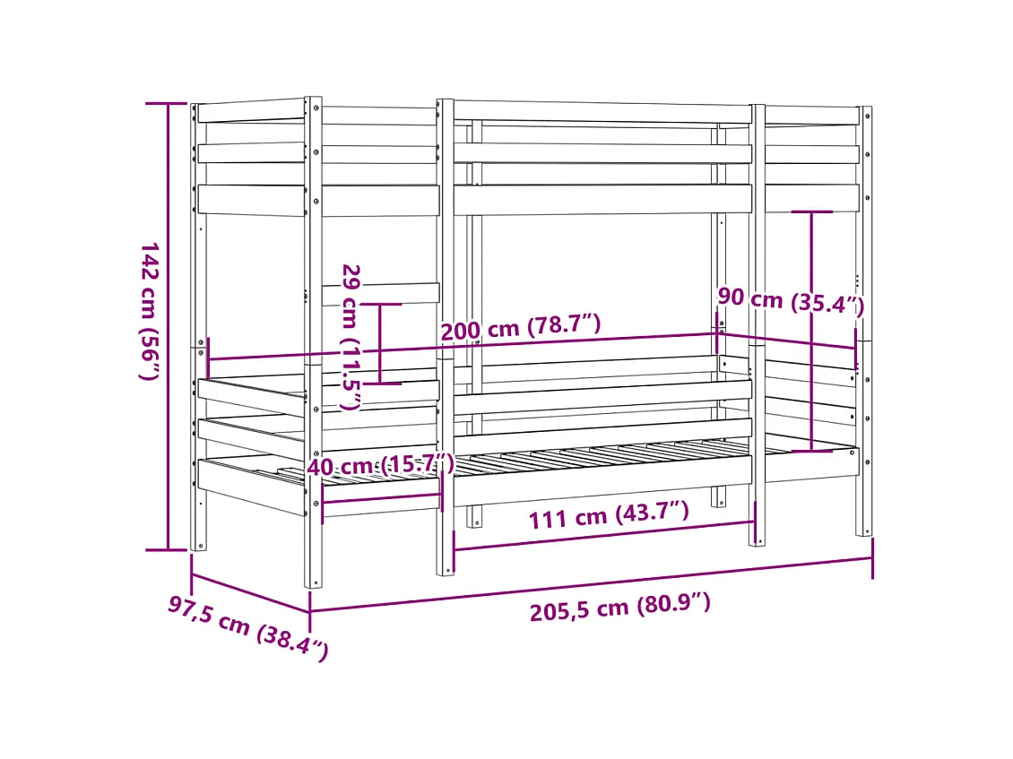 Lit superposé sans matelas 90x200 cm bois de pin massif