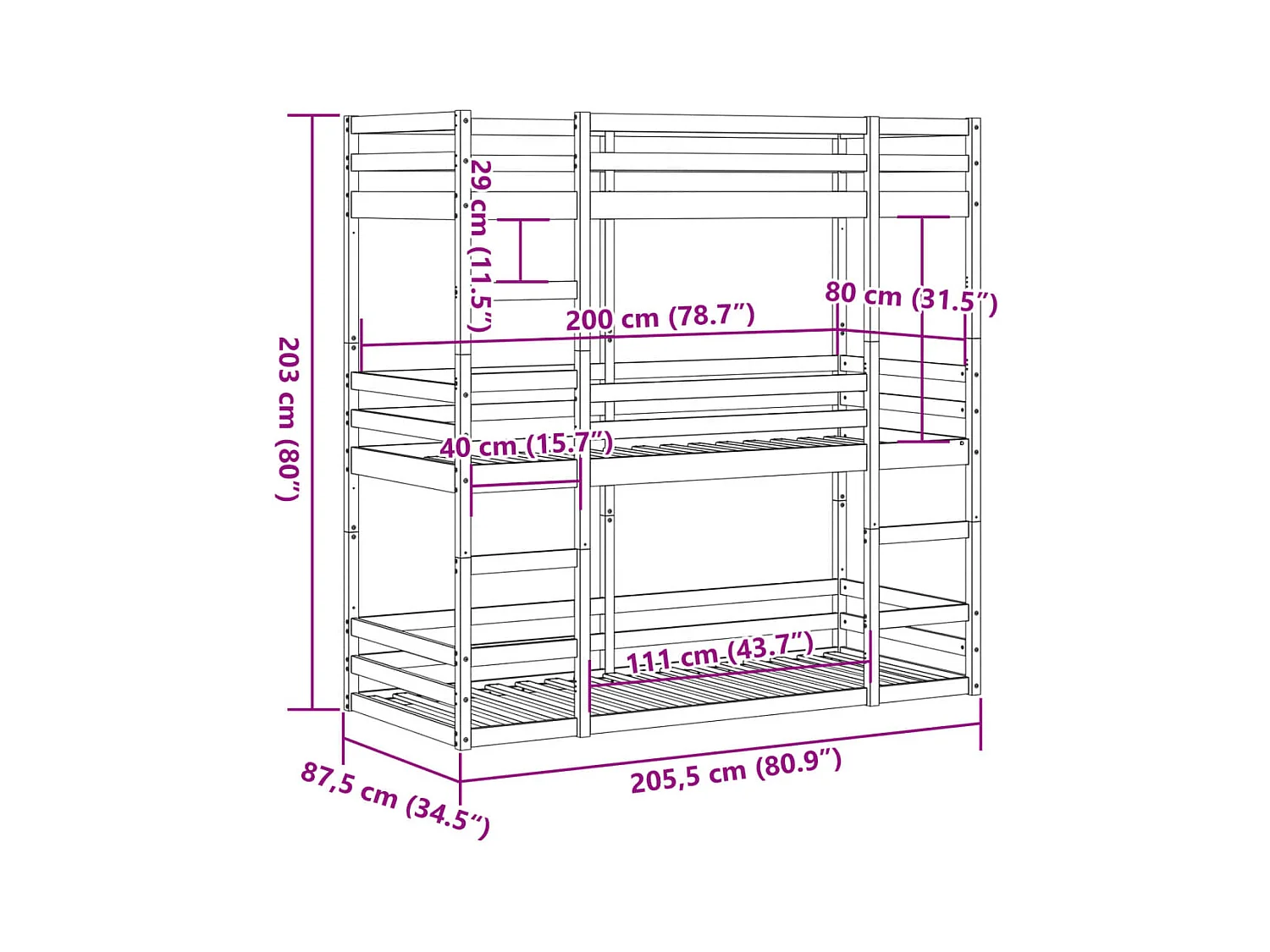 Lit superposé triple sans matelas 80x200 cm bois de pin massif