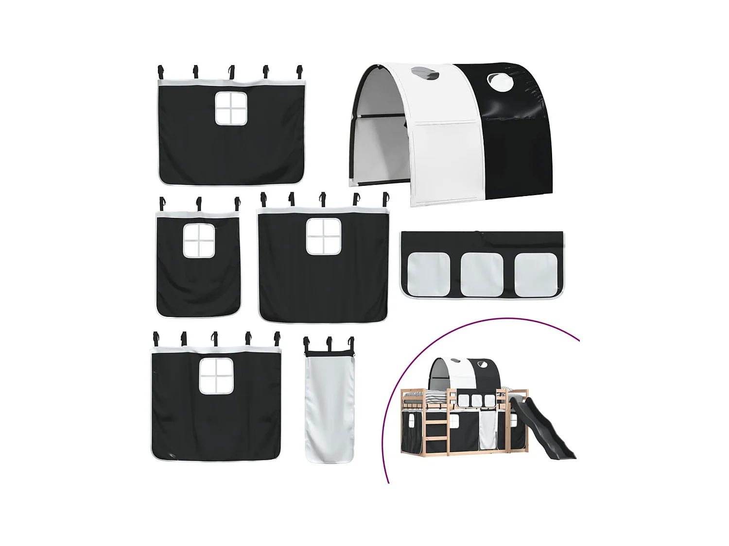 Lit superposé sans matelas avec toboggan blanc noir 80x200 cm