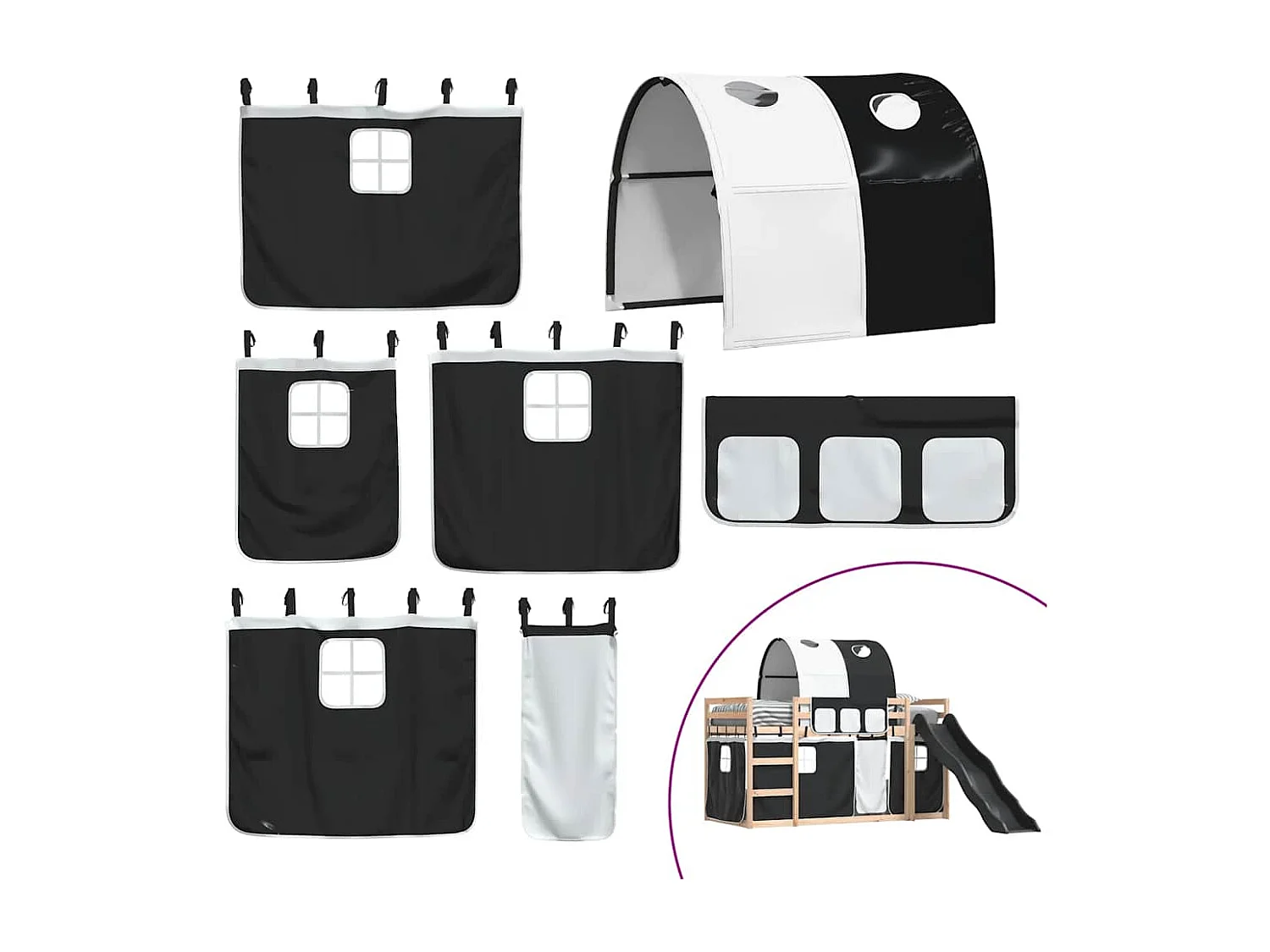 Litera con tobogán y cortinas blanco y negro 80x200 cm