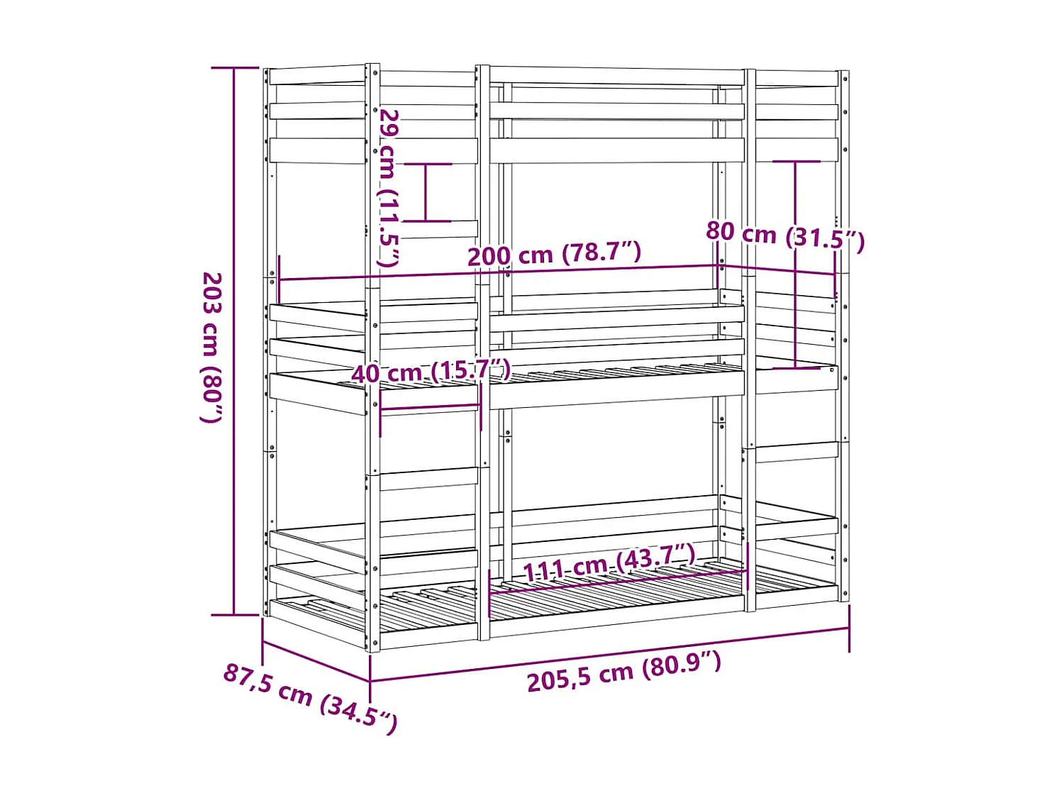 Lit superposé triple sans matelas 80x200 cm bois de pin massif