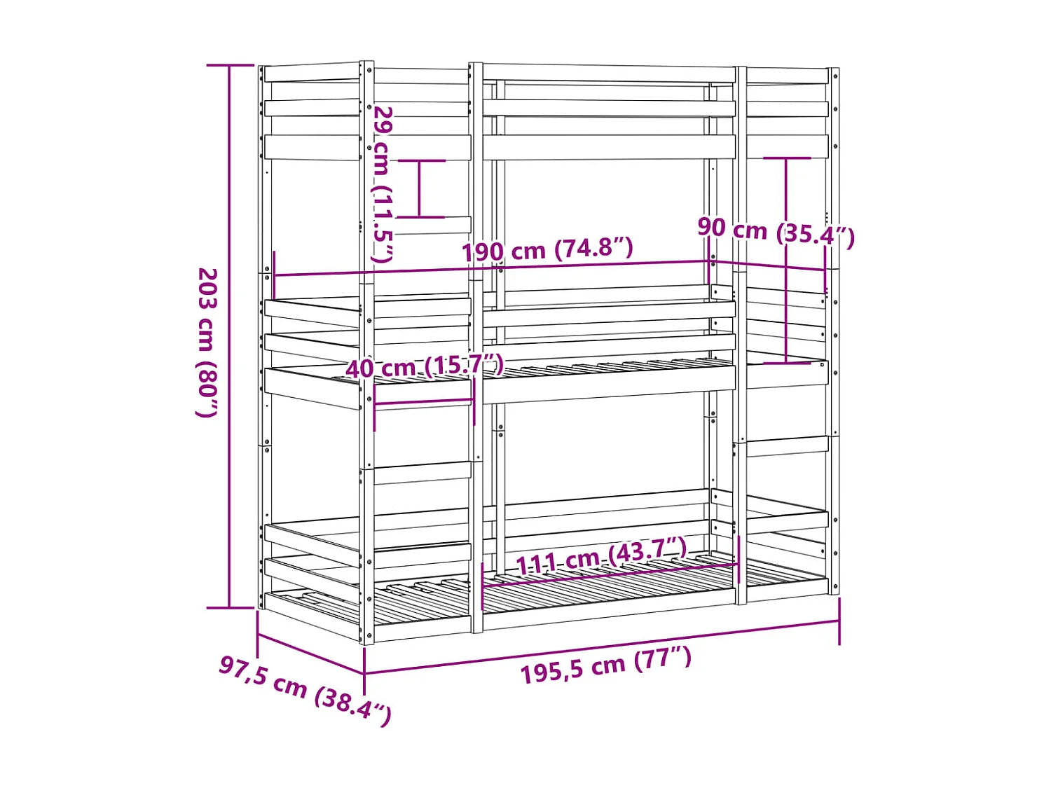 Lit superposé triple sans matelas 90x190 cm bois de pin massif