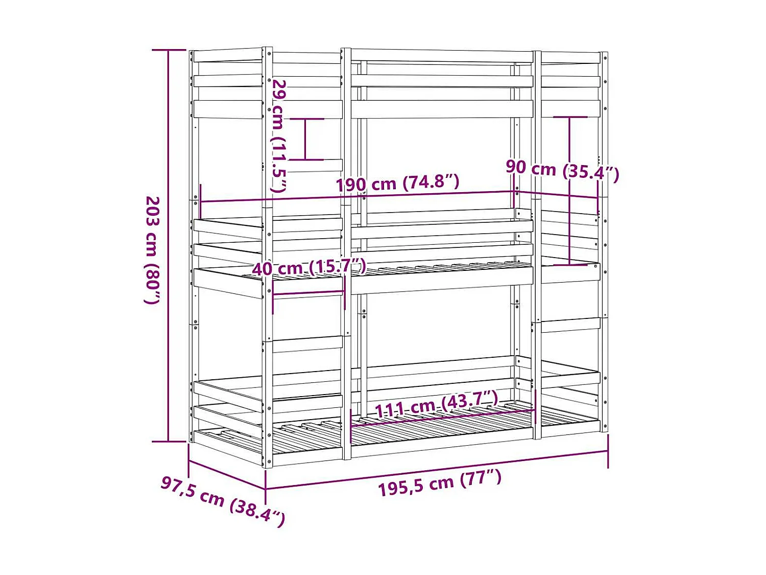 Lit superposé triple sans matelas 90x190 cm bois de pin massif