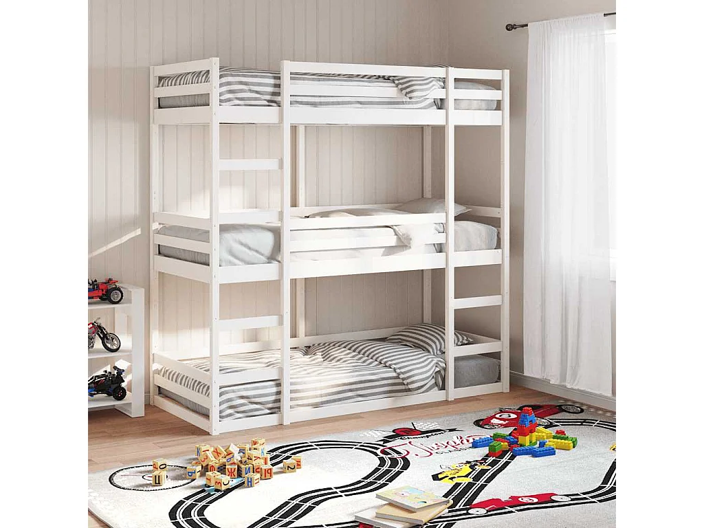 Letto a Castello Triplo Bianco 90x190 cm Legno Massello di Pino