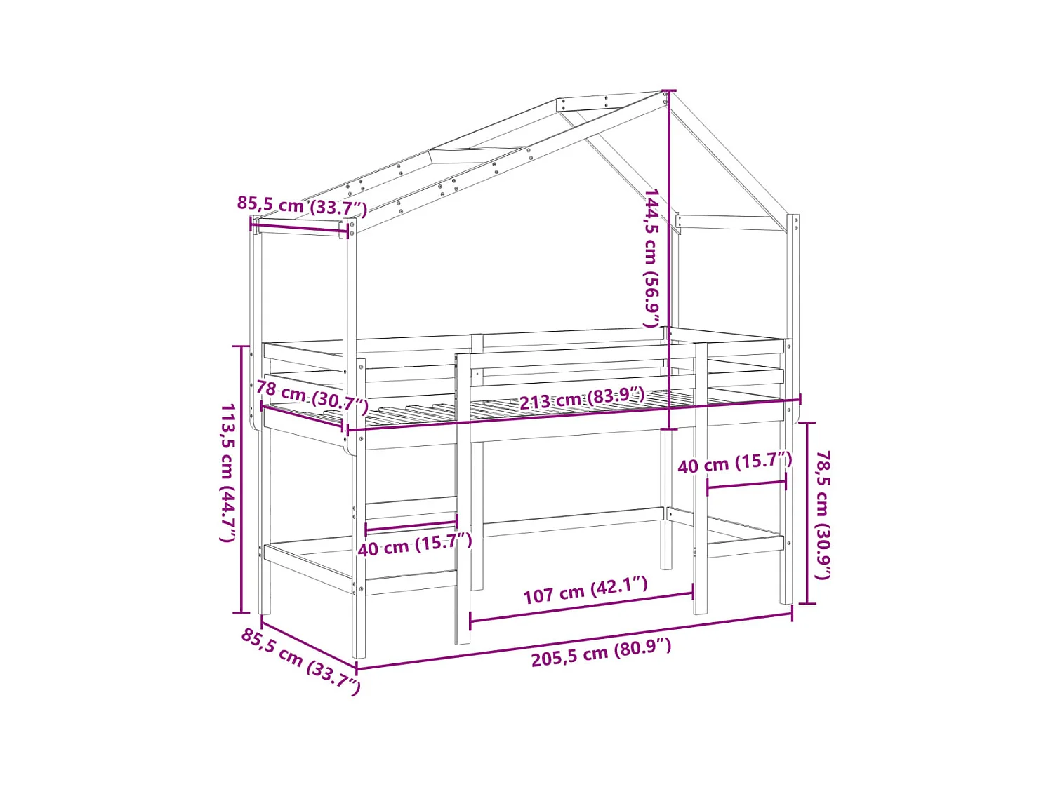 Hochbett mit Leiter und Dach Weiß 80x200 cm Massivholz Kiefer