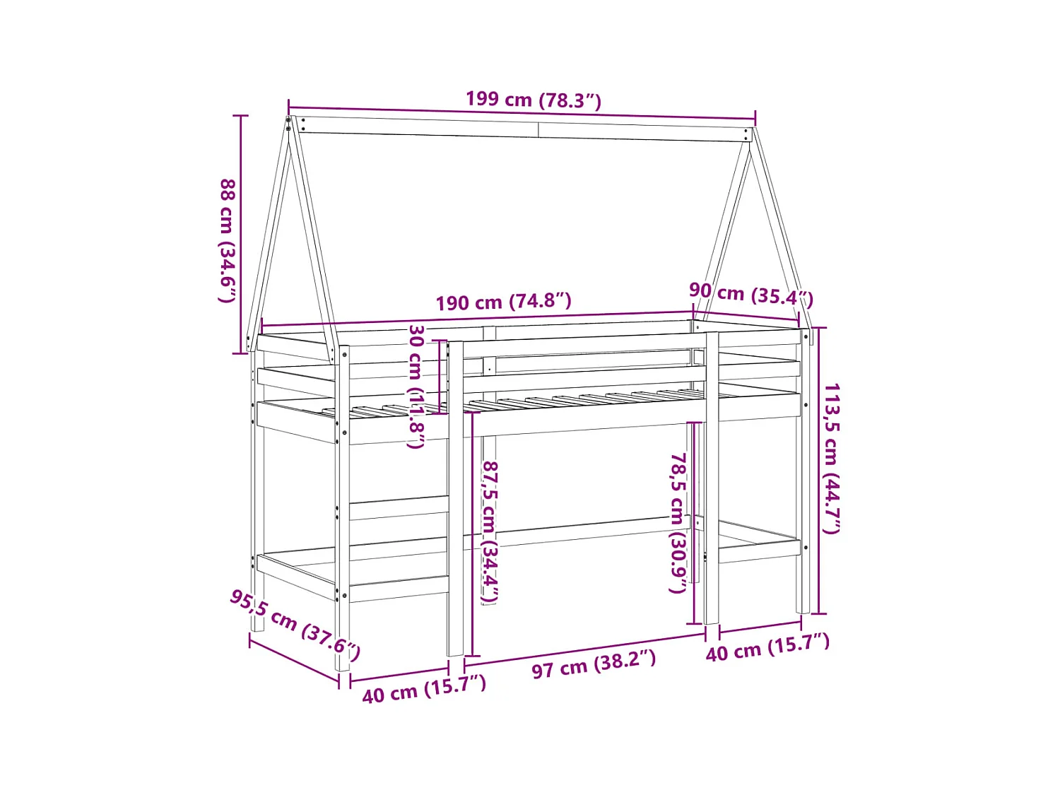 Lit superposé avec échelle et toit sans matelas blanc 90x190 cm