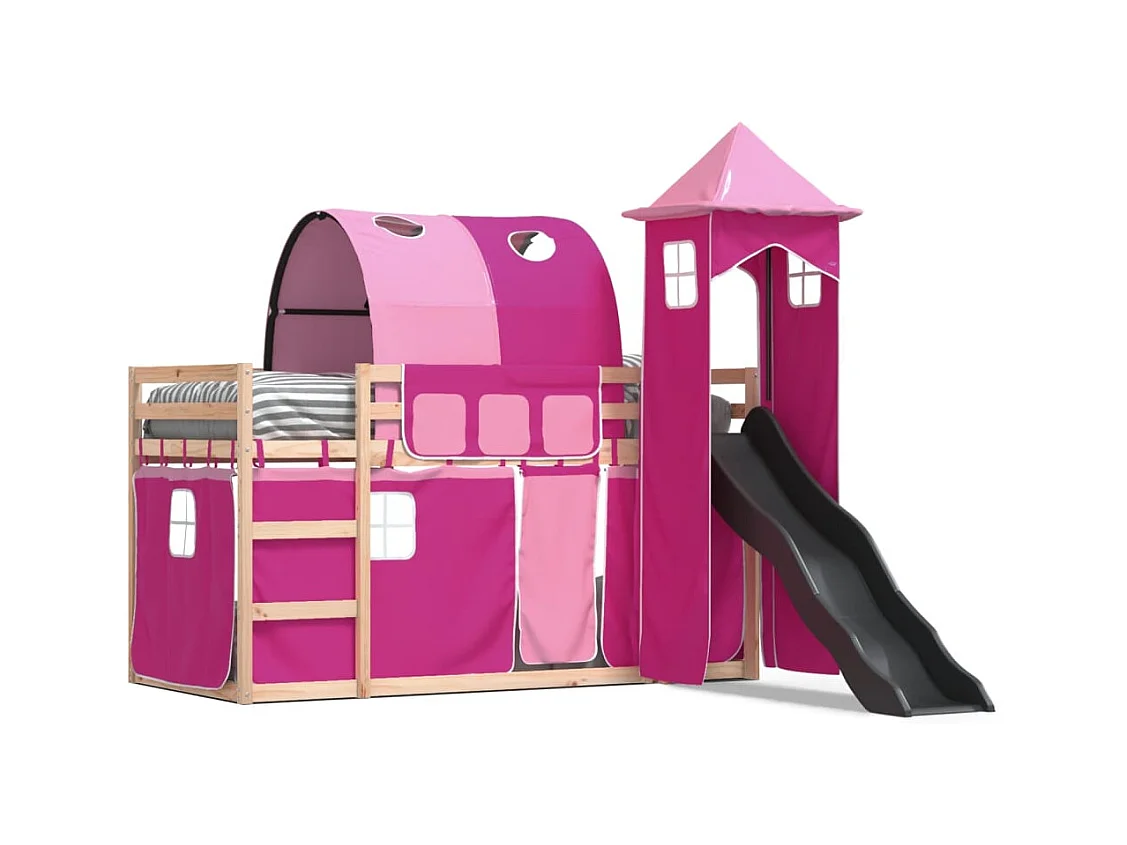 Lit superposé sans matelas avec toboggan et rideaux 90x190 cm