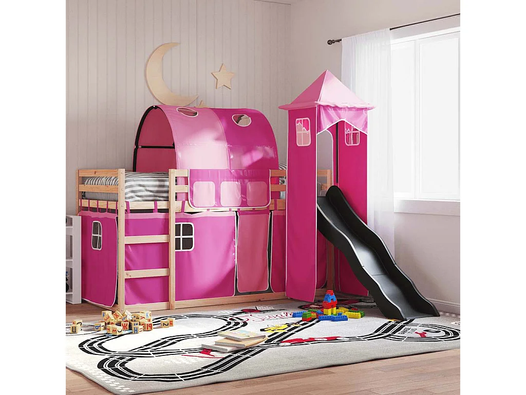 Lit superposé sans matelas avec toboggan et rideaux 90x190 cm