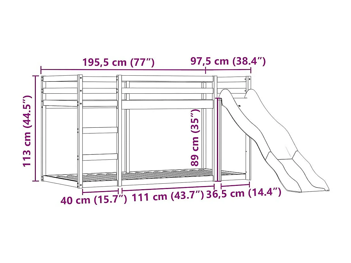 Lit superposé sans matelas avec toboggan et rideaux 90x190 cm