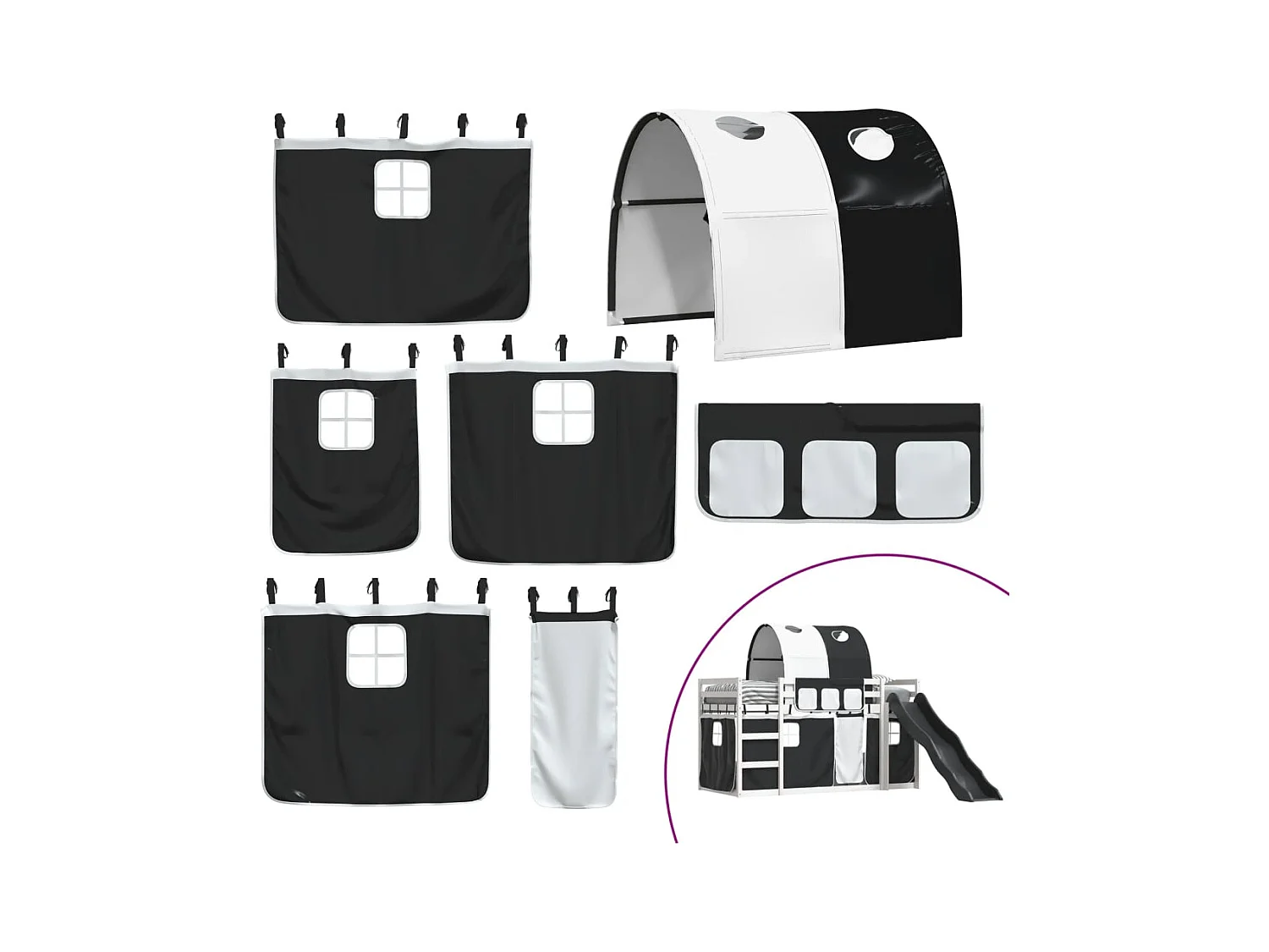 Lit superposé sans matelas avec toboggan blanc noir 90x190 cm