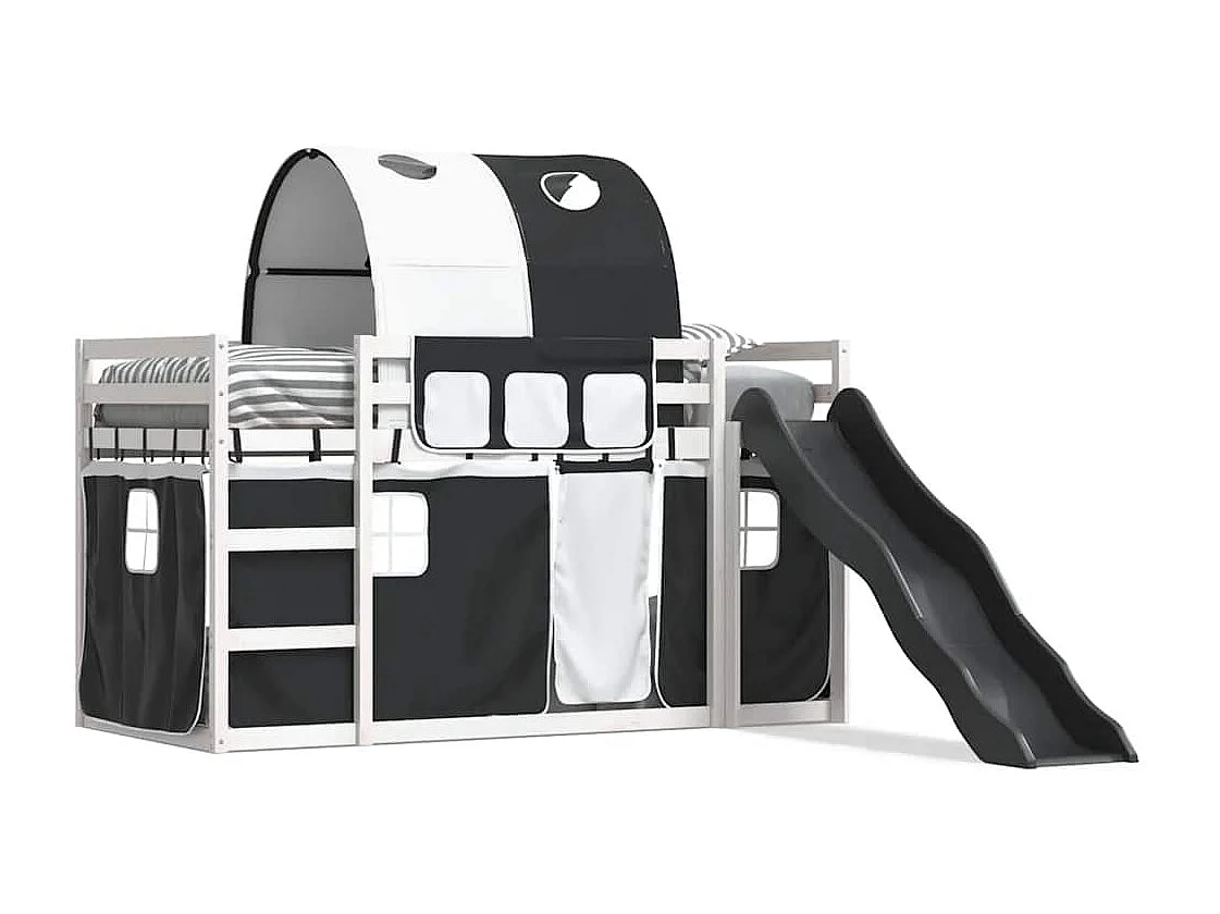 Letto a Castello con Scivolo e Tende Bianco e Nero 80x200 cm