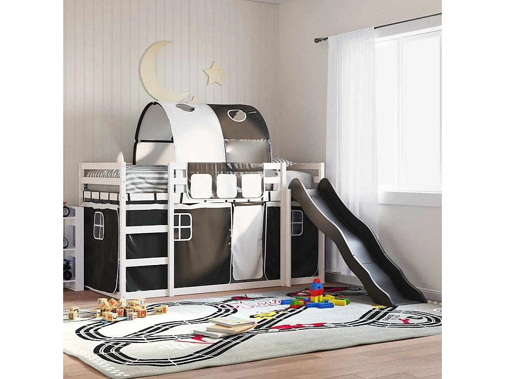 Letto a Castello con Scivolo e Tende Bianco e Nero 80x200 cm