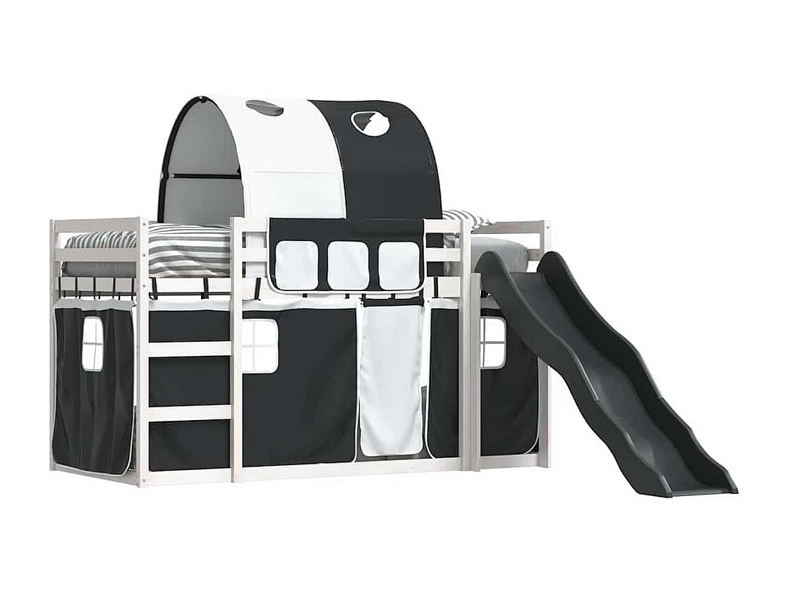 Letto a Castello con Scivolo e Tende Bianco e Nero 80x200 cm