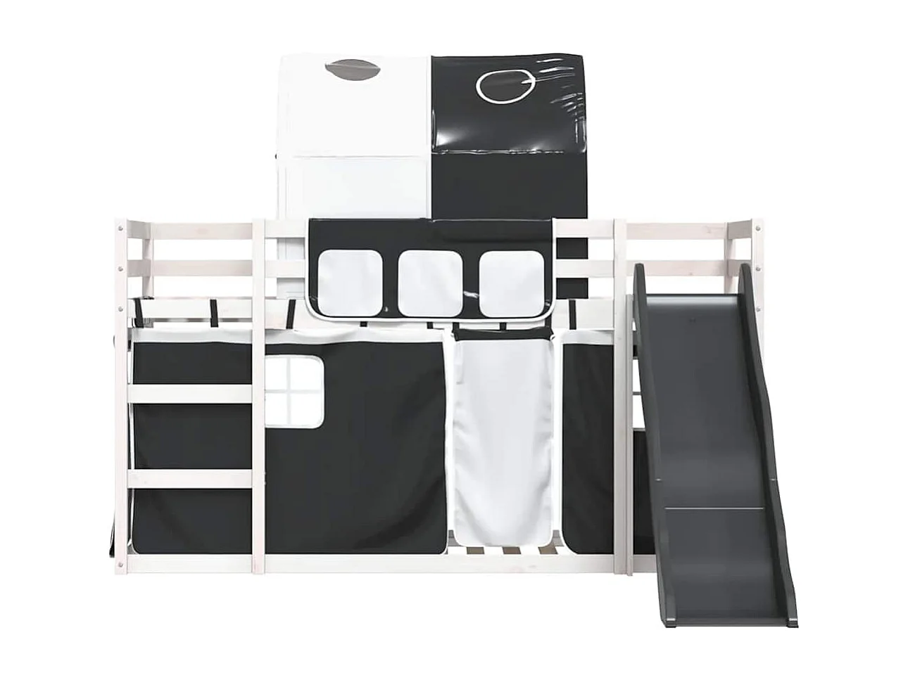 Letto a Castello con Scivolo e Tende Bianco e Nero 80x200 cm