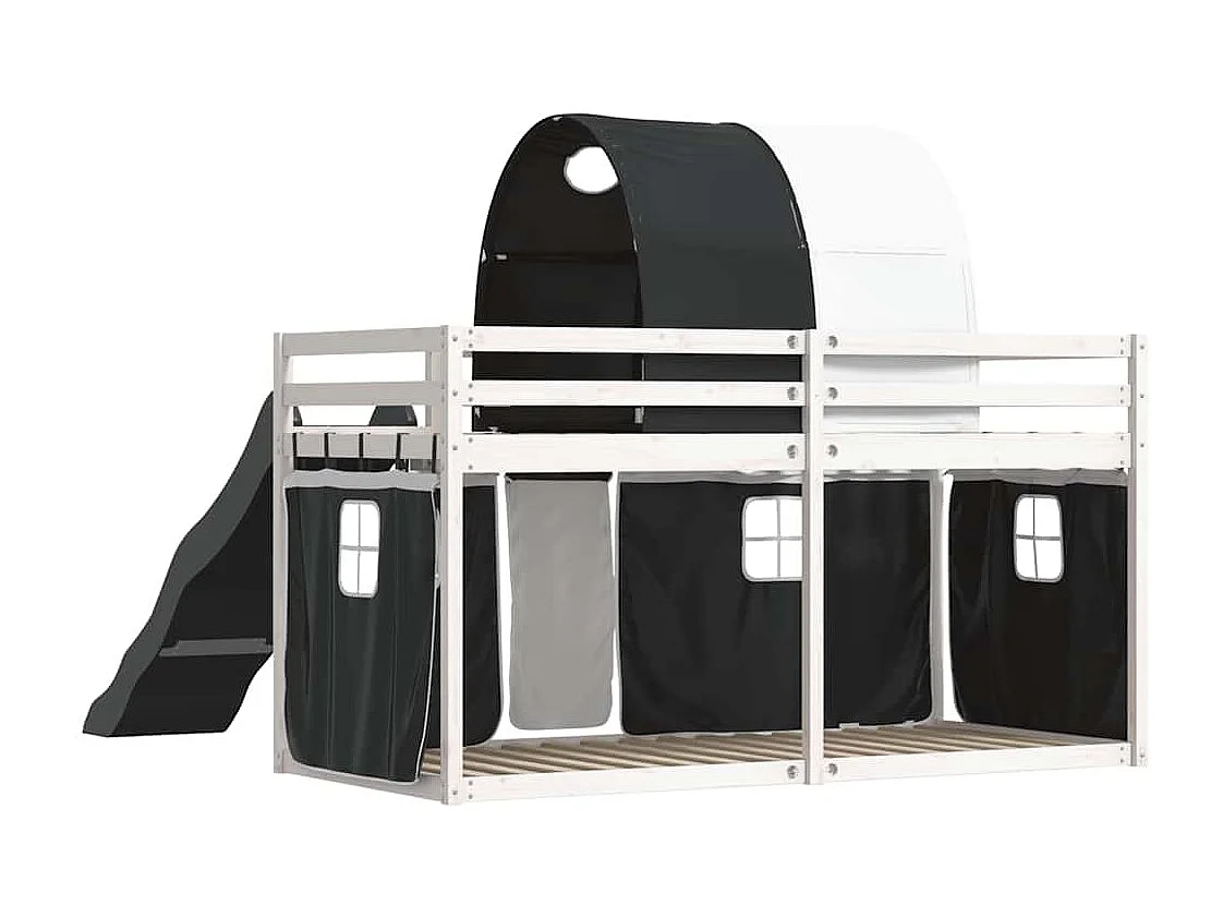 Letto a Castello con Scivolo e Tende Bianco e Nero 80x200 cm