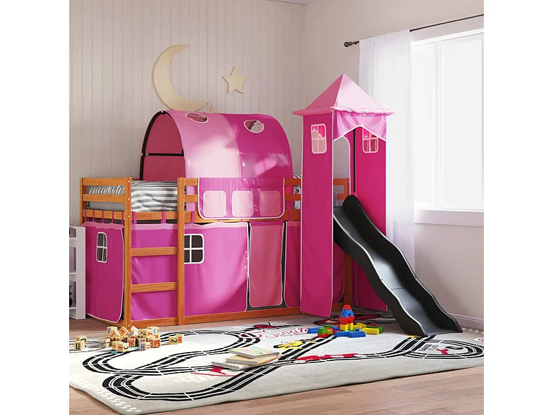 Stapelbed met glijbaan en gordijnen roze 90x200 cm