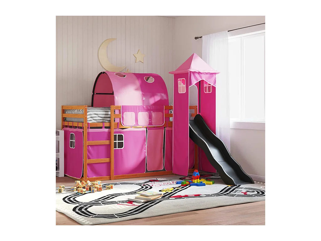 Lit superposé sans matelas avec toboggan et rideaux 90x200 cm