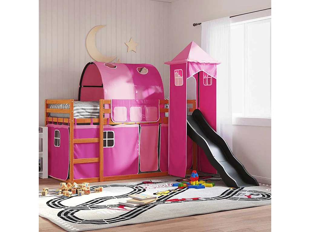 Stapelbed met glijbaan en gordijnen roze 90x200 cm