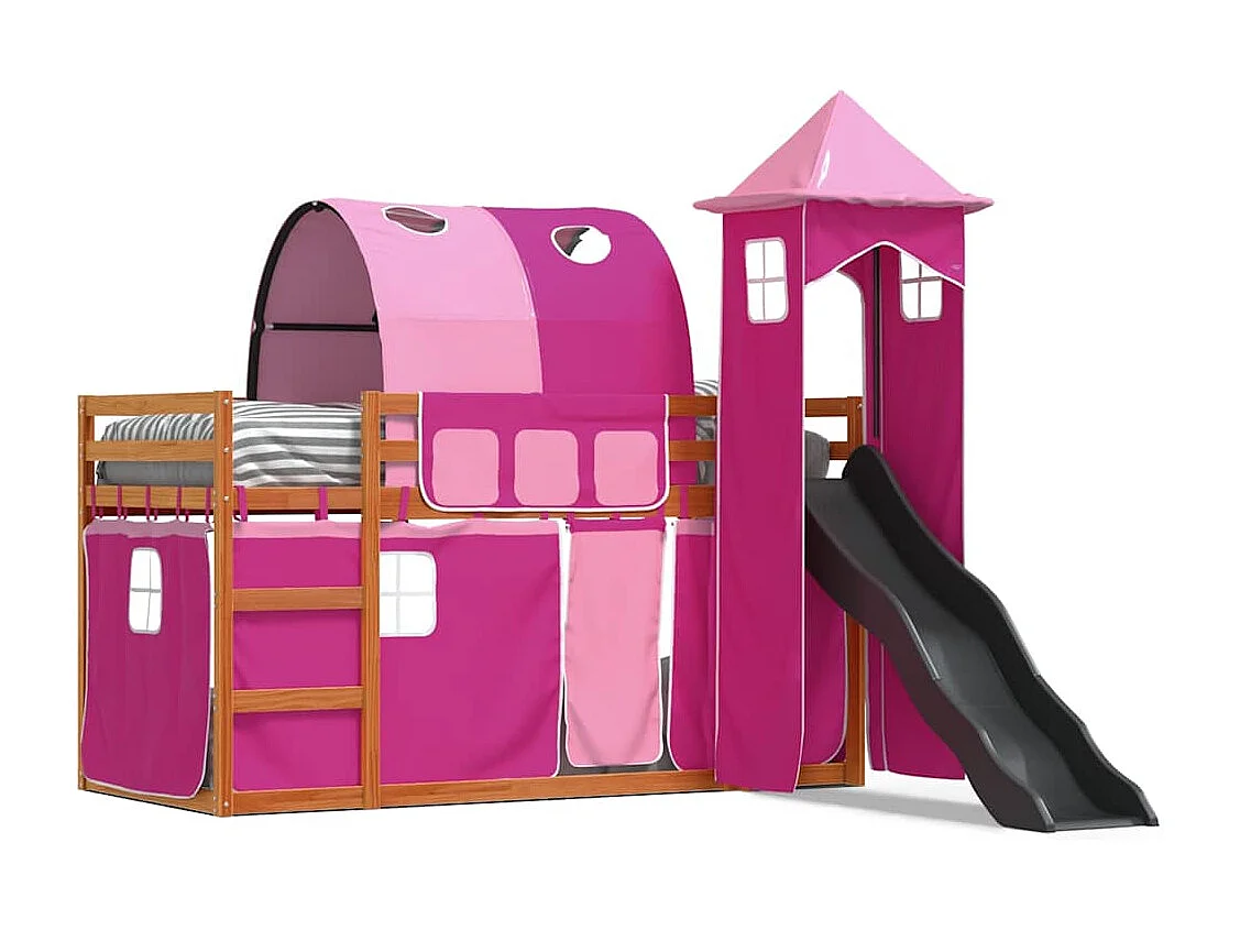Etagenbett mit Rutsche und Gardinen Rosa 90x200 cm