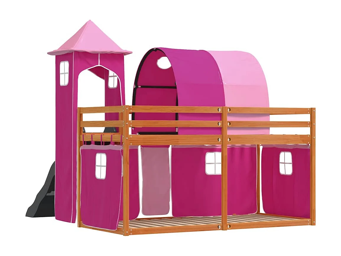 Etagenbett mit Rutsche und Gardinen Rosa 90x200 cm