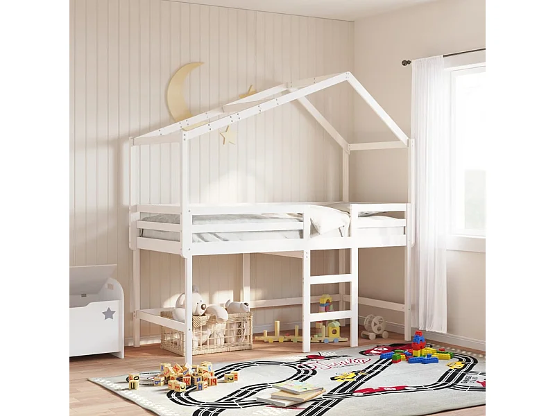 Cama alta c/ escada e telhado 80x200 cm pinho maciço branco