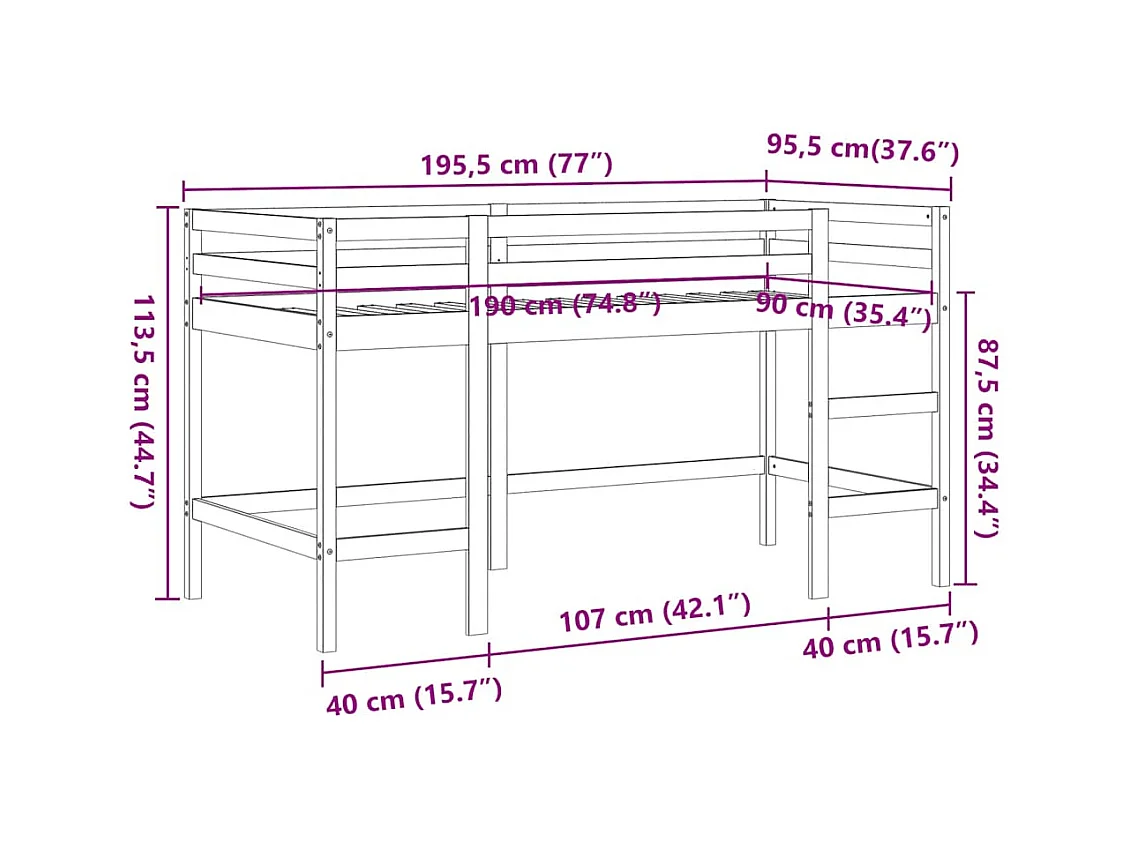 Lit mezzanine d'enfants sans matelas avec échelle 90x190 cm