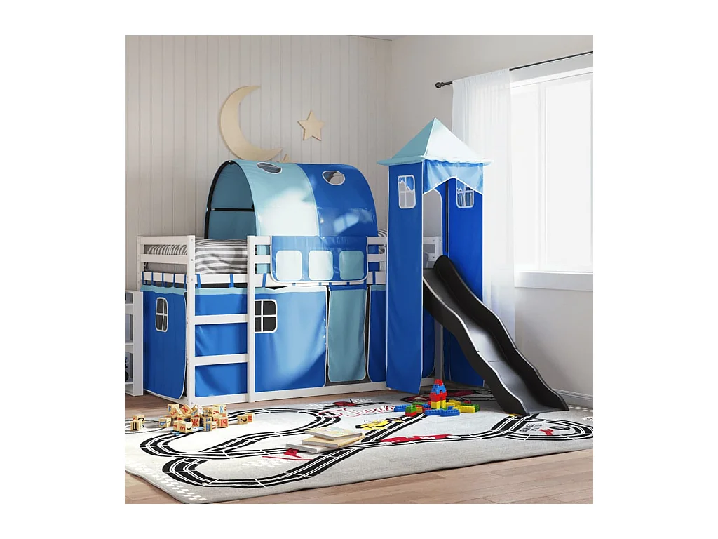 Letto a Castello con Scivolo e Tende Blu 90x190 cm