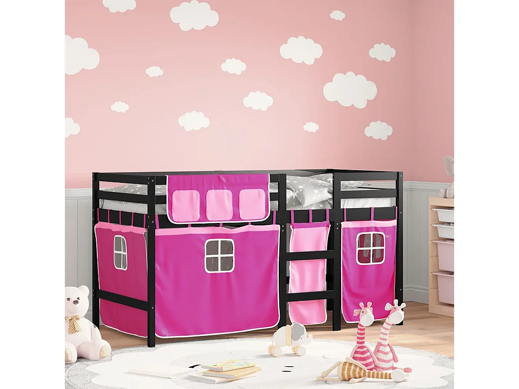 Letto a Soppalco con Tende Bambini Rosa 80x200 cm Massello Pino