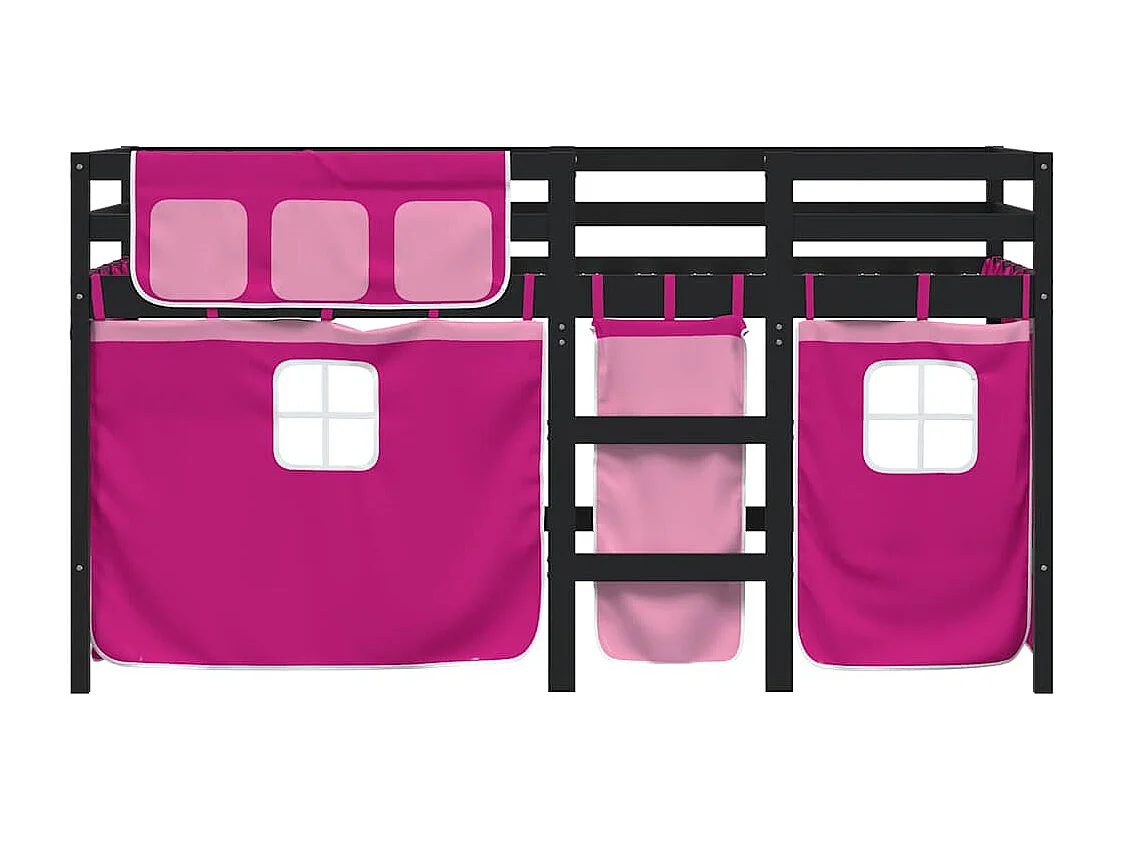 Letto a Soppalco con Tende Bambini Rosa 80x200 cm Massello Pino