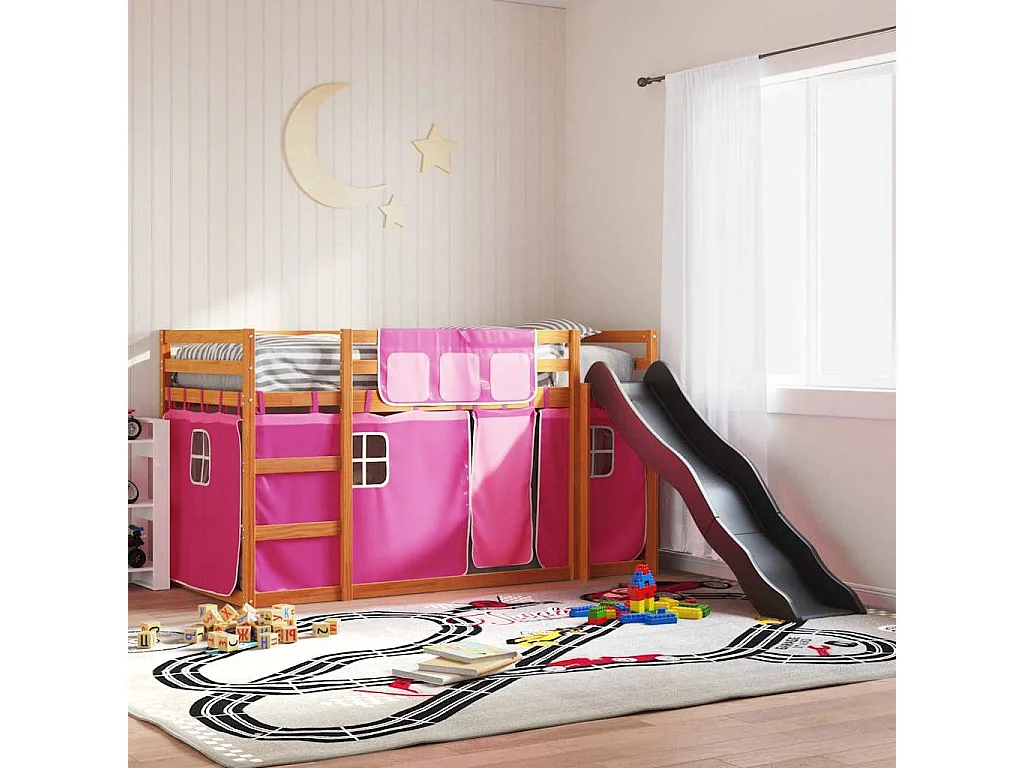 Lit superposé sans matelas avec toboggan et rideaux 90x200 cm