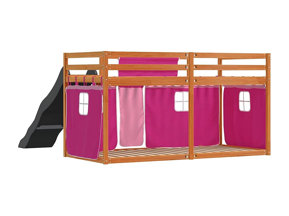 Lit superposé sans matelas avec toboggan et rideaux 90x200 cm