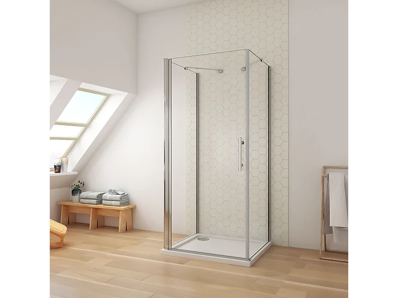 76x90x90x185cm 6mm  Duschwand mit Seitenwand Duschkabine Duschtür Eckdusche Drehtür L=500 (Stützstange)