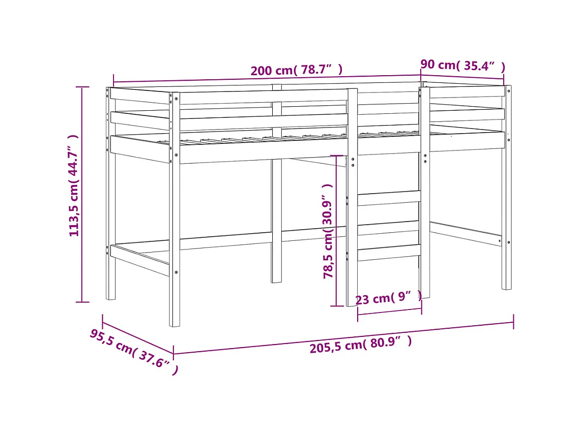 Lit mezzanine enfants avec rideaux sans matelas rose 90x200cm