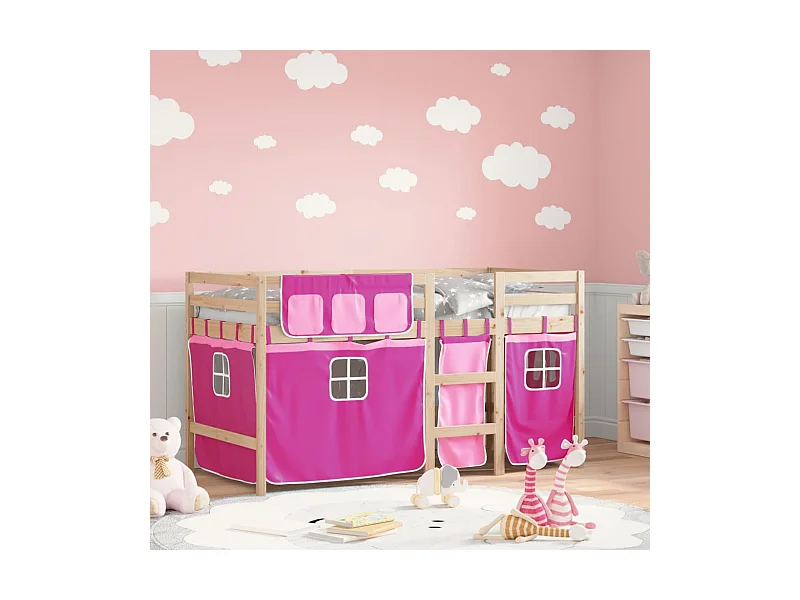 Lit mezzanine enfants avec rideaux sans matelas rose 90x200cm