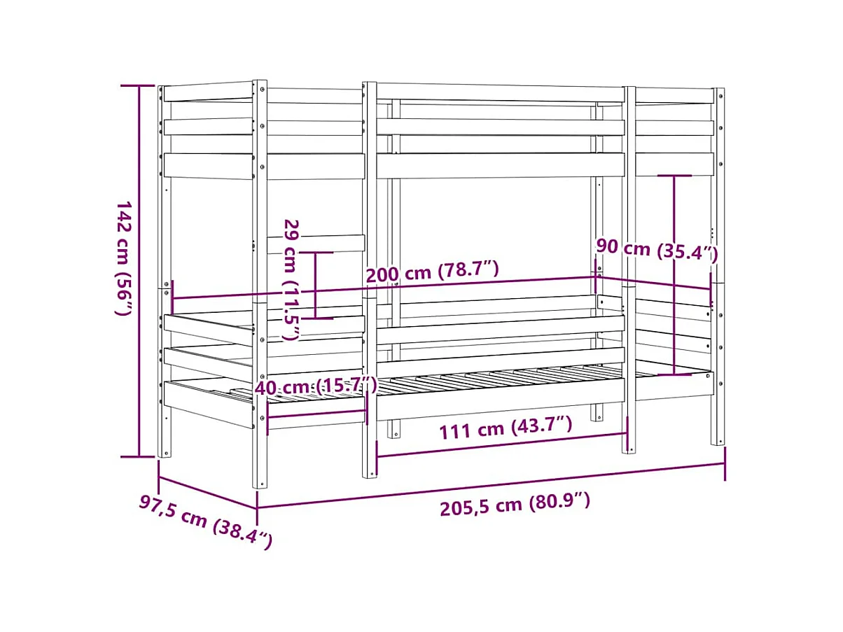 Lit superposé sans matelas cire marron 90x200 cm pin massif