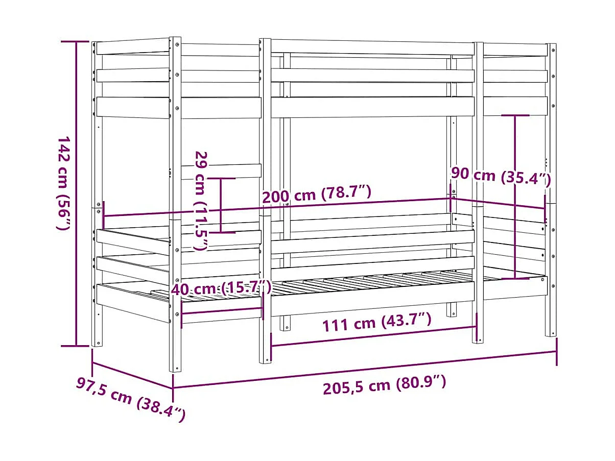 Lit superposé sans matelas cire marron 90x200 cm pin massif