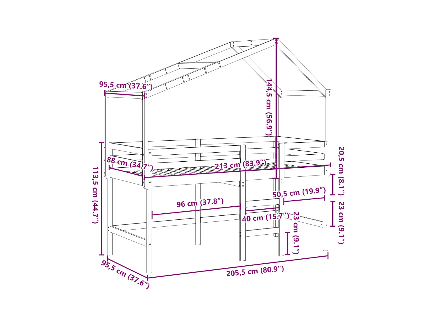 Lit superposé avec échelle et toit sans matelas 90x200 cm