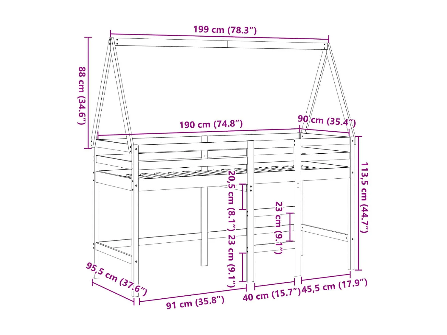 Cama alta c/ escada e telhado 90x190 cm pinho maciço branco