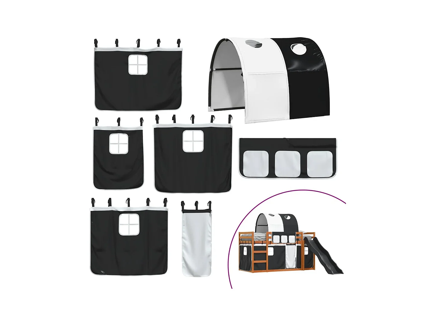 Lit superposé sans matelas avec toboggan blanc noir 90x200 cm