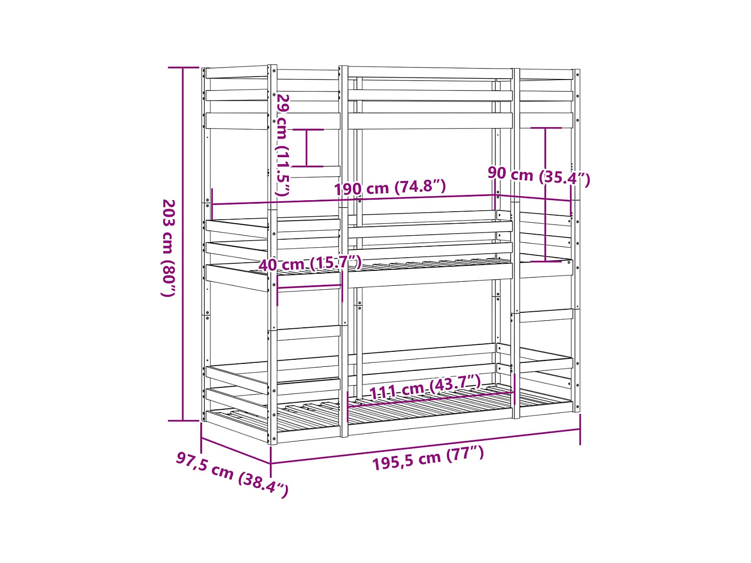 Lit superposé triple sans matelas 90x190 cm bois de pin massif