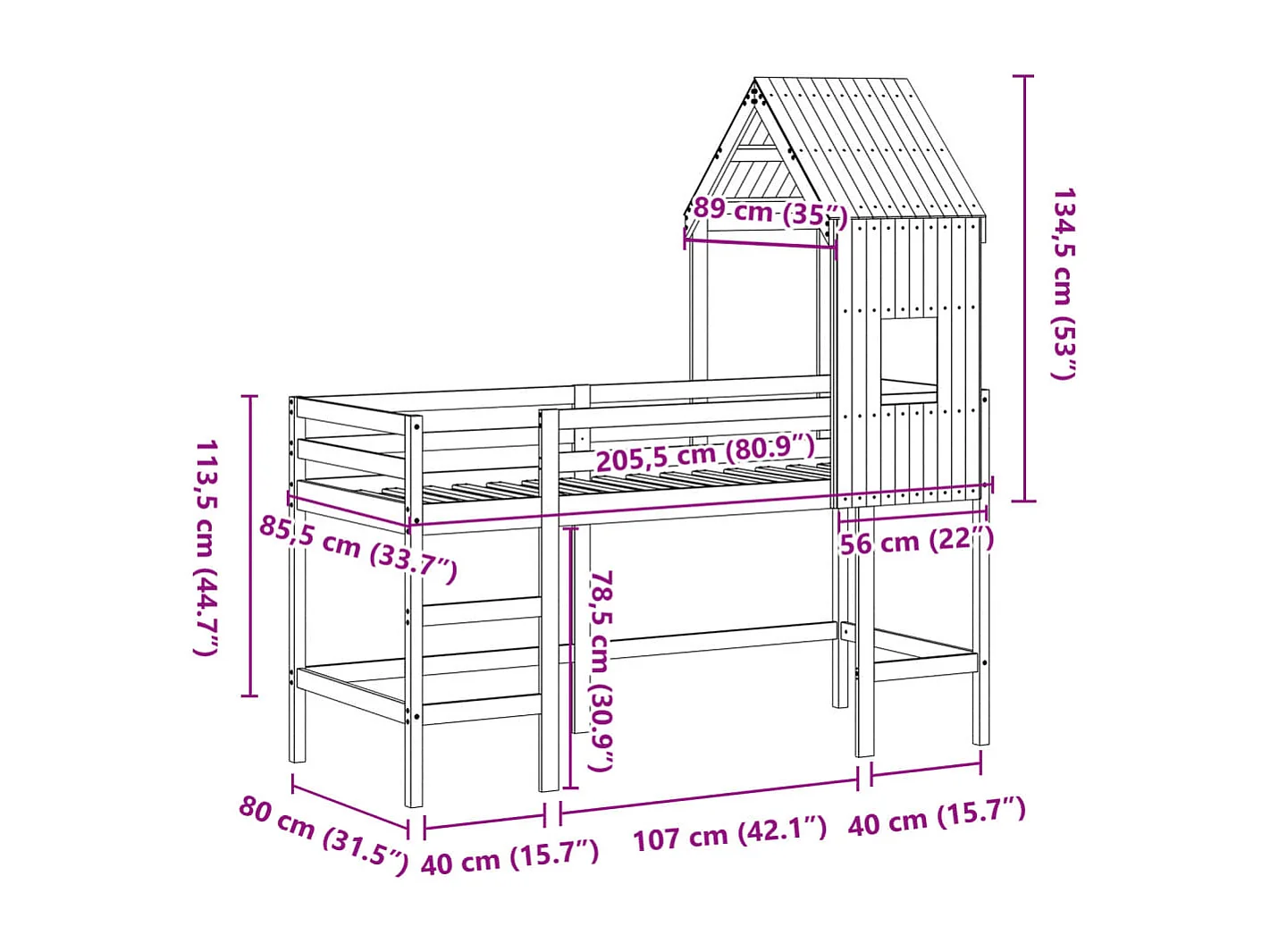 Halfhoogslaper met ladder en bedhuis grenenhout 80x200 cm