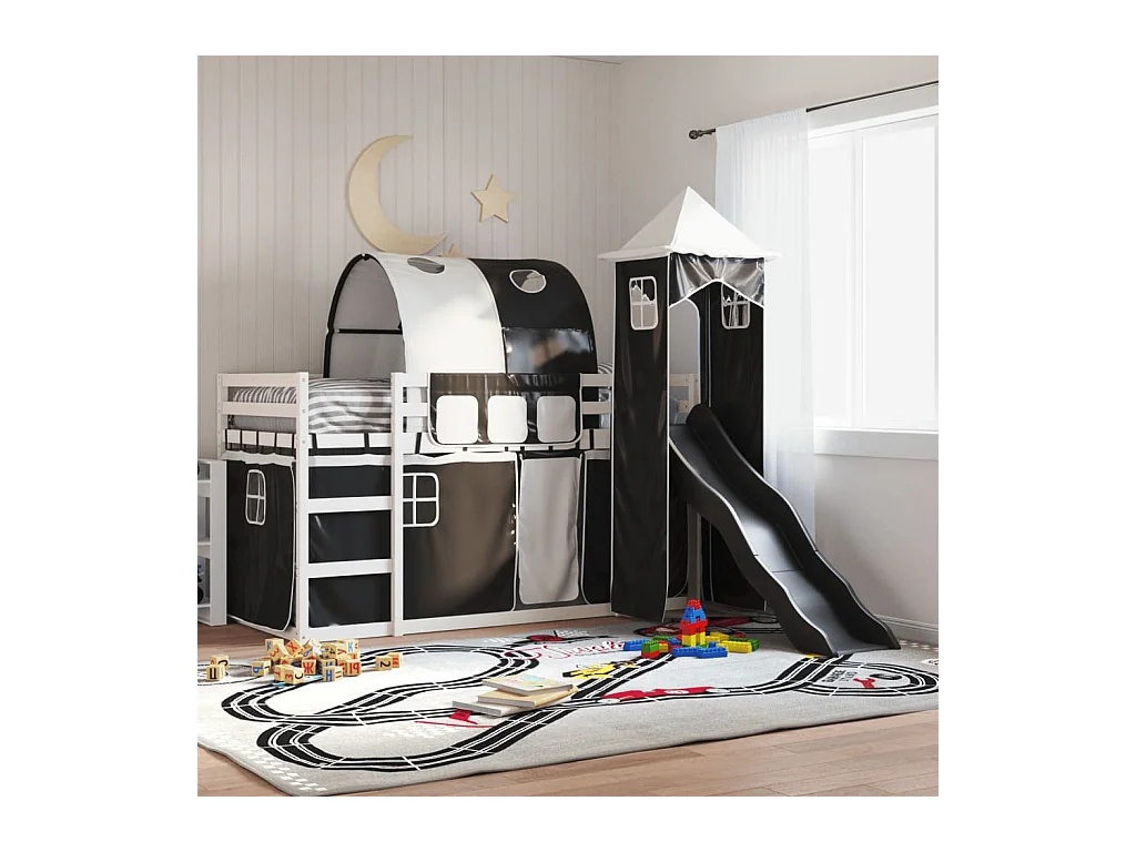 Lit superposé sans matelas avec toboggan blanc noir 90x190 cm